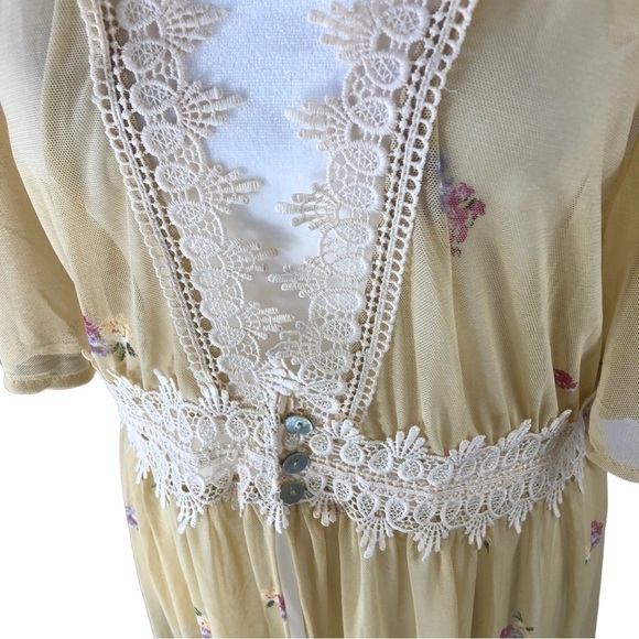 LIFE Maxi Sheer Mesh Duster Robe Women L Antique Gold Floral Pattern Lace Trim - Picture 2 of 9